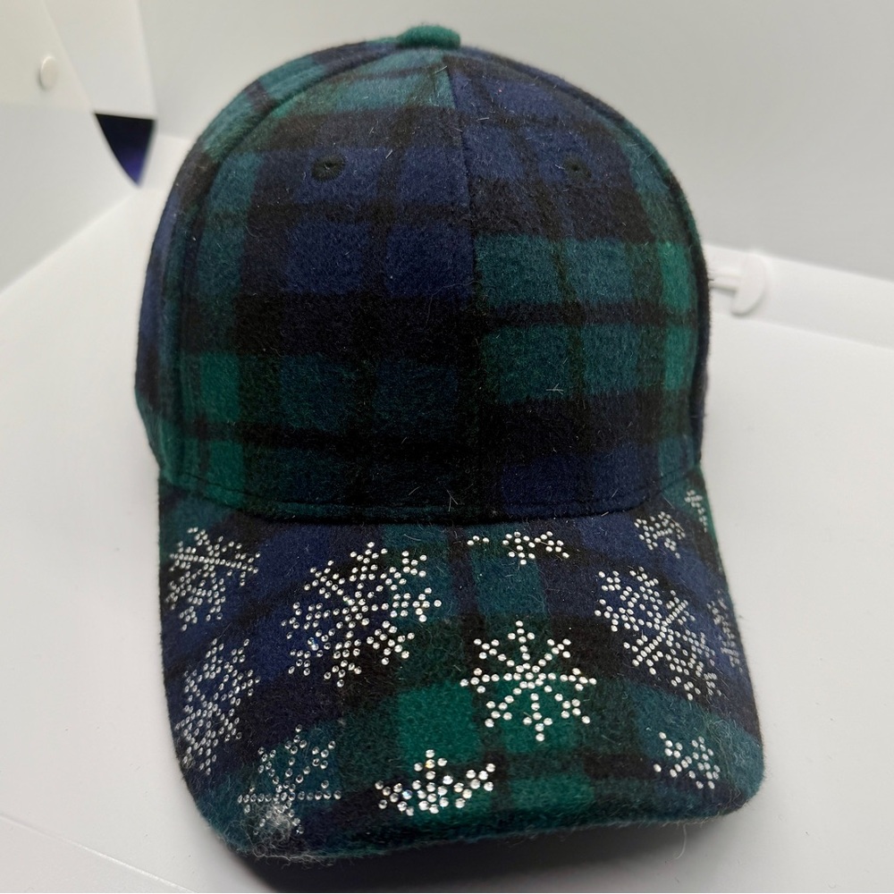 Plaid Green and Blue Women's Hat with Snowflake Design